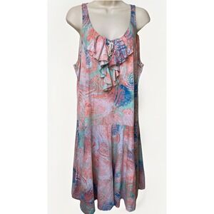 Ralph Lauren Jeans Cotton Paisley Dress Size XL  Ruffle Neck Drop Waist Boho